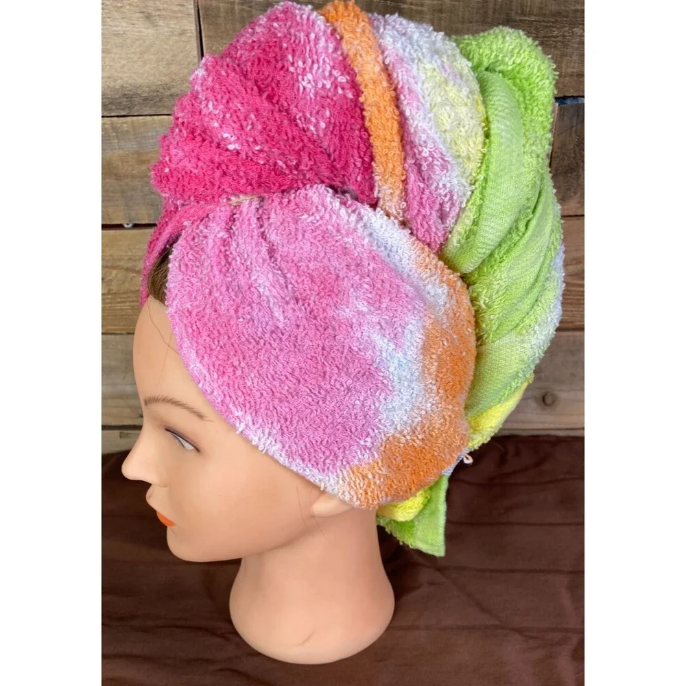 Tie Dye Hair Wrap Towel Soft 100% Cotton Yellow Pink Orange Handmade 20X40 in